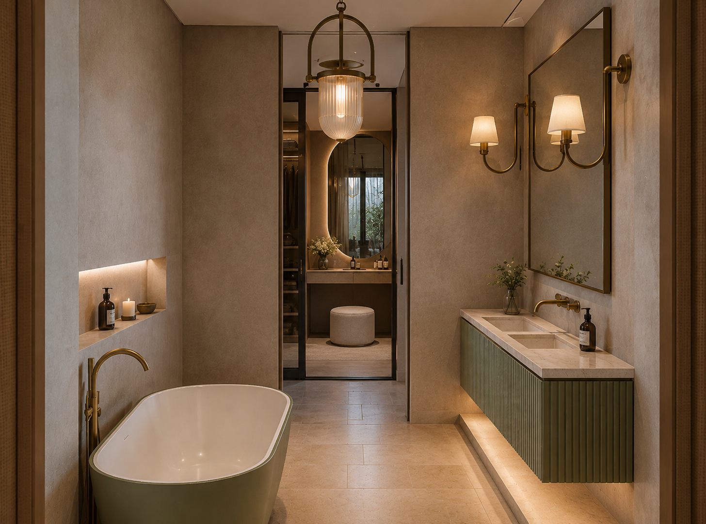 Principal bathroom in limestone, sage and brass