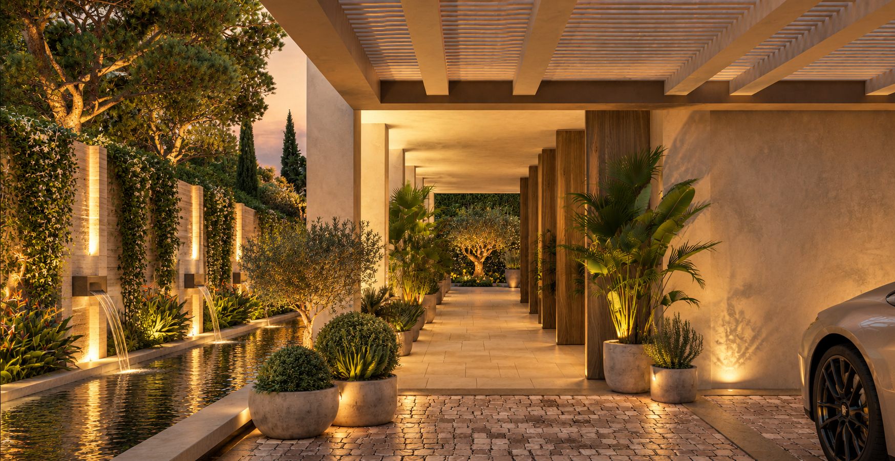 The covered entrance at dusk, water running along the travertine wall