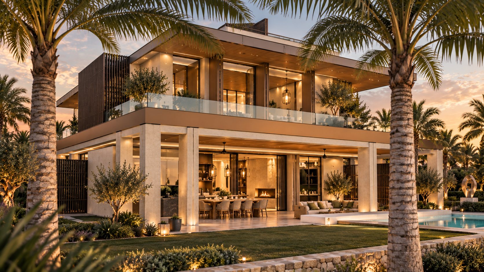 Dusk: the glass wall open, kitchen, dining and lounge flowing onto the terrace and pool