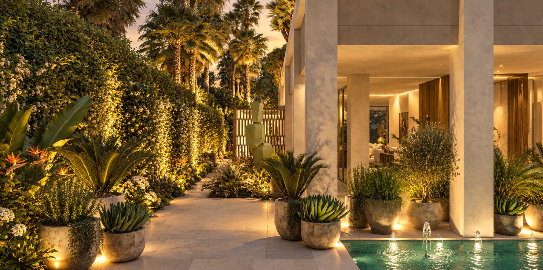 The garden path at dusk, jasmine walls lit, the living room glowing beyond the columns