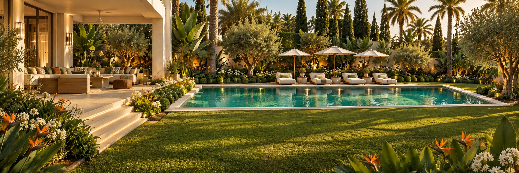 The garden and main pool at golden hour, loungers along the water