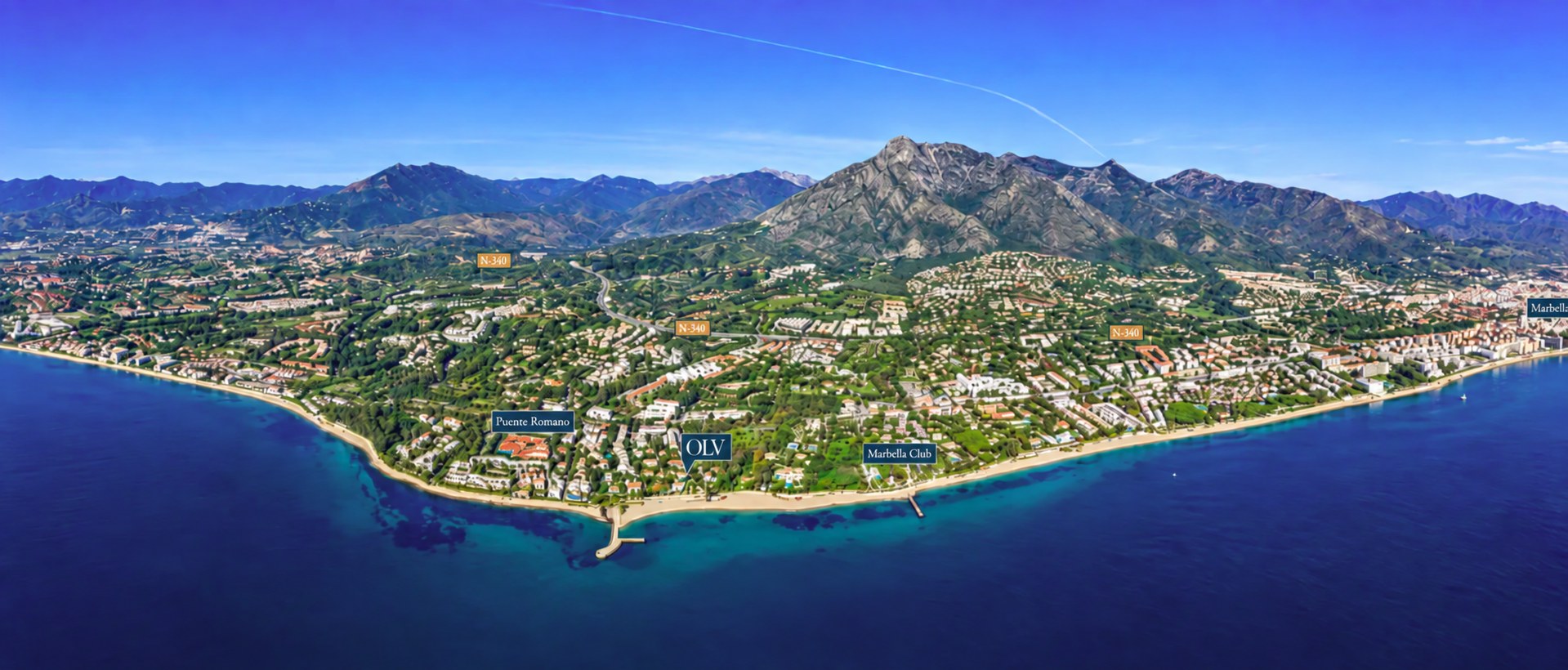 The Golden Mile from the sea: Los Verdiales between Puente Romano and Marbella Club, La Concha behind