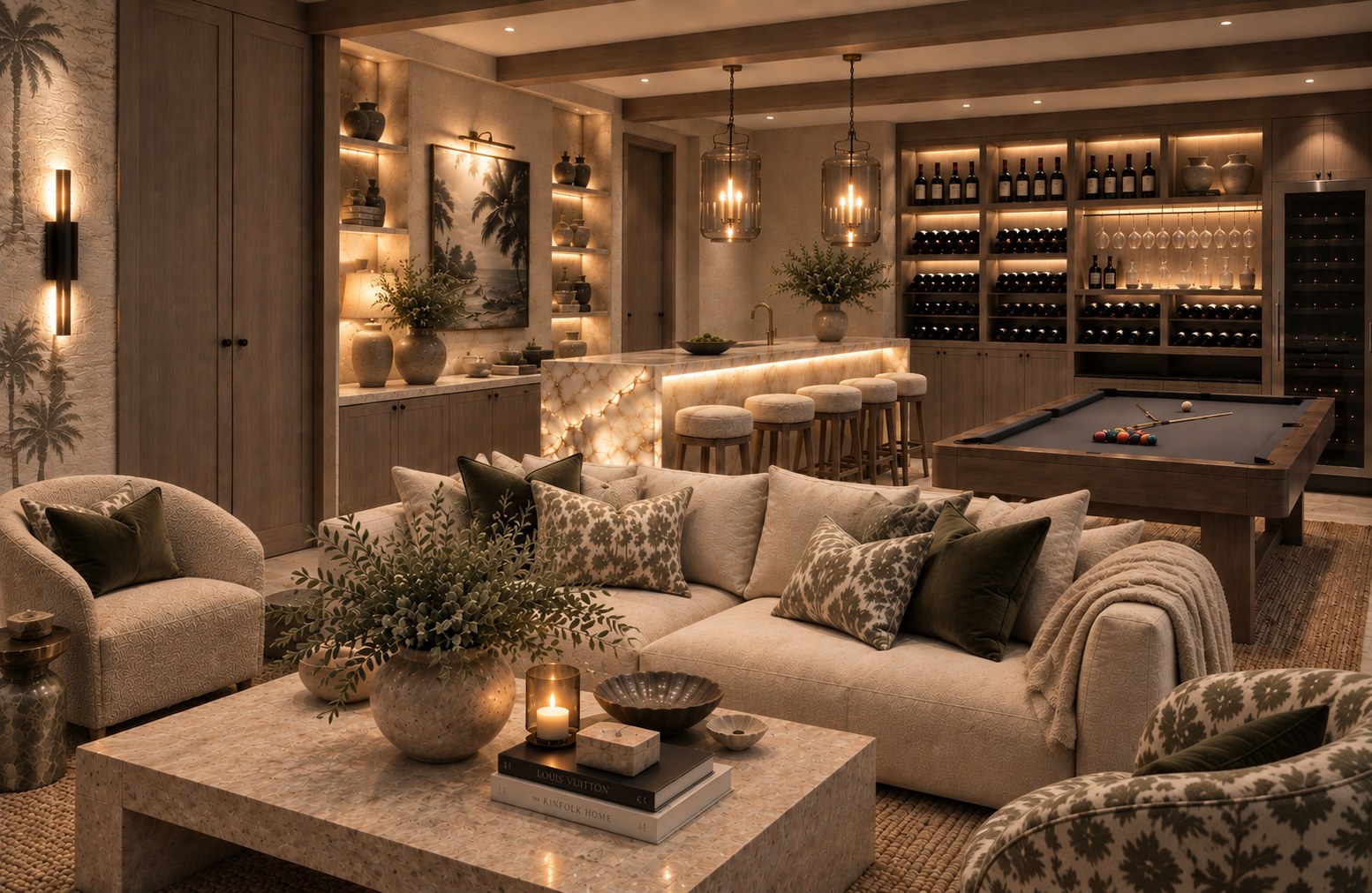 The entertainment level: bar, wine wall and billiard room