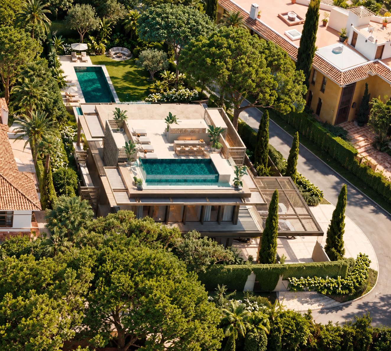 Los Verdiales from above: the rooftop pool and sundeck, the garden pool beyond