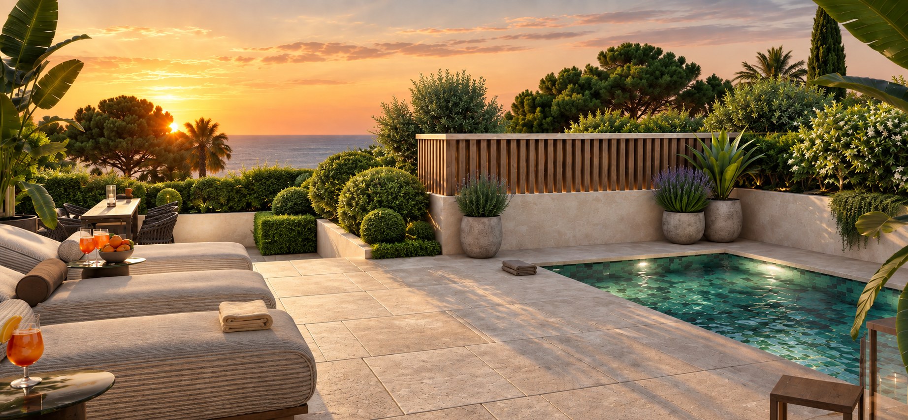 The rooftop pool at sunset, the Mediterranean beyond