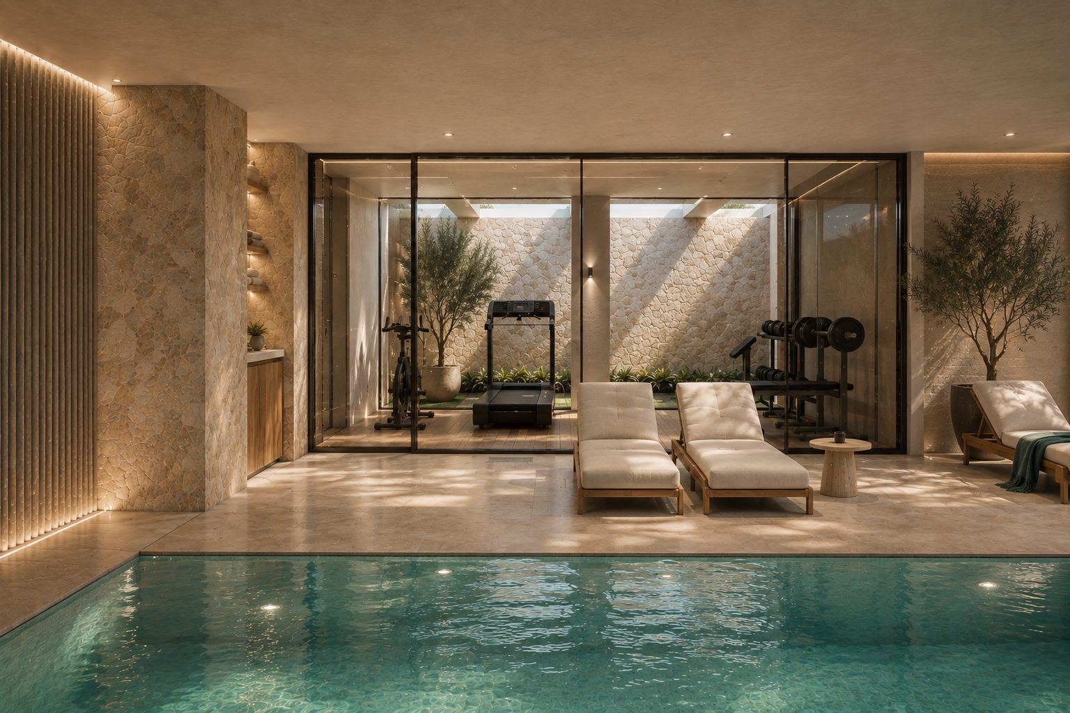 The indoor pool, with the gym and spa behind glass